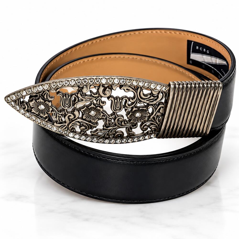 Black Rhinestone Floral Buckle Belt Small Western Boho Y2K Silver Tone